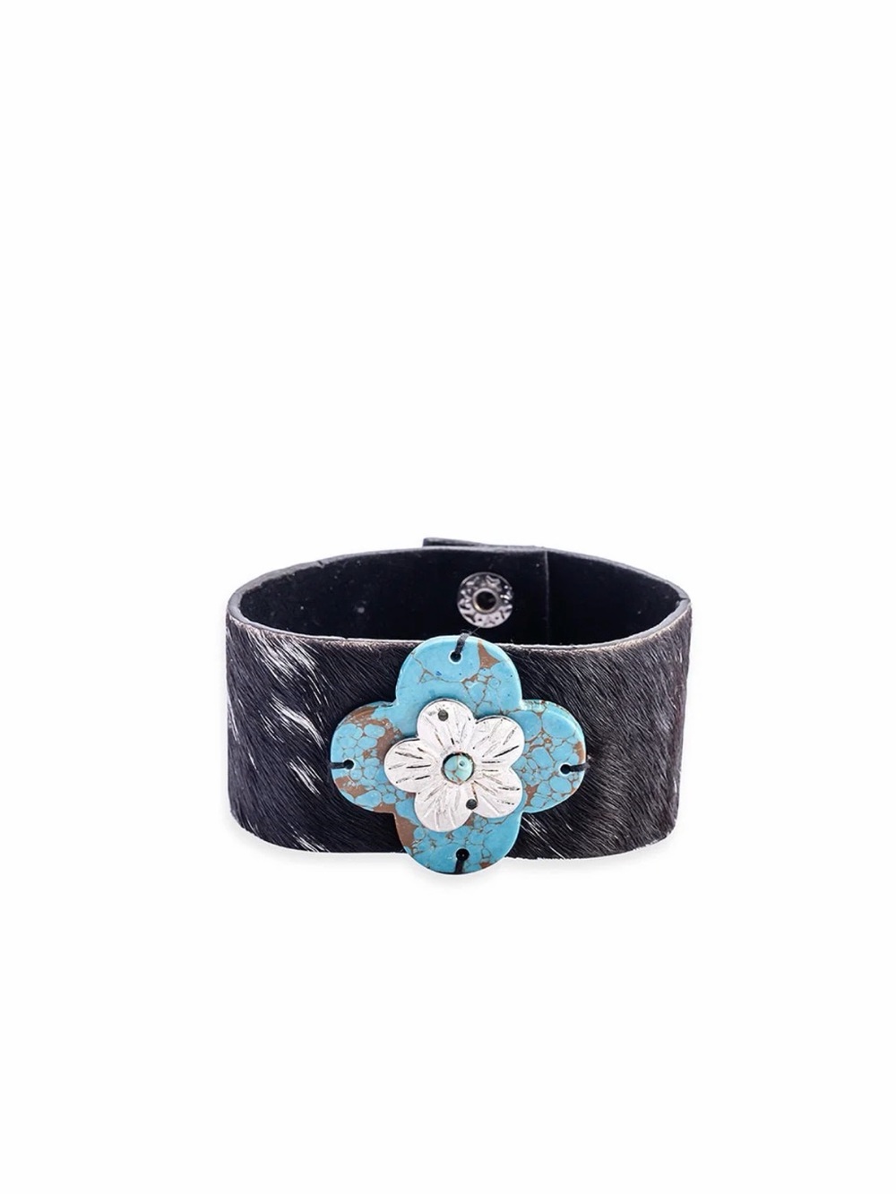 Western Bracelet Black & White Hide Leather with Turquoise Flower Accent